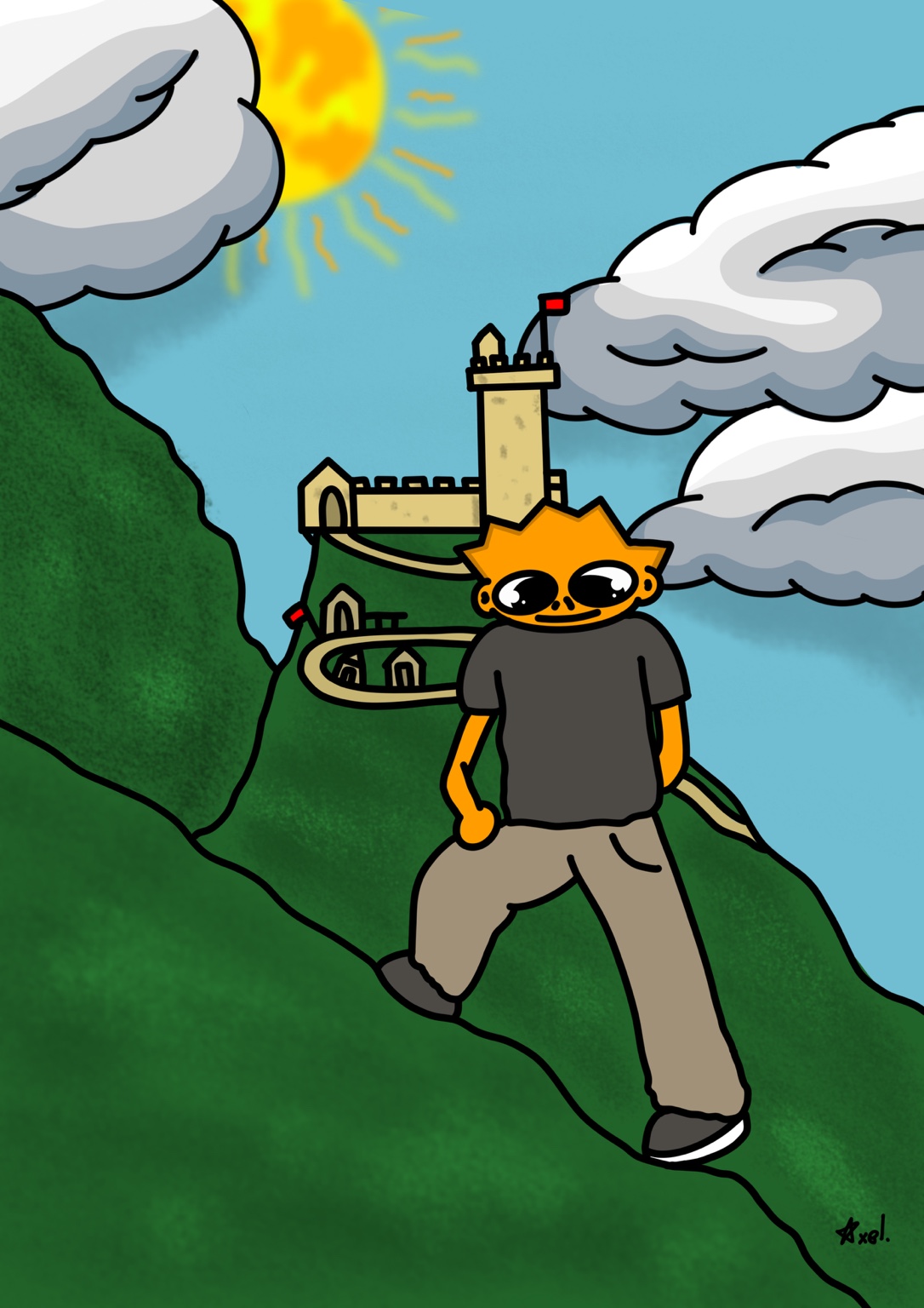 Illustration d'Axel représentant un personnage devant un château